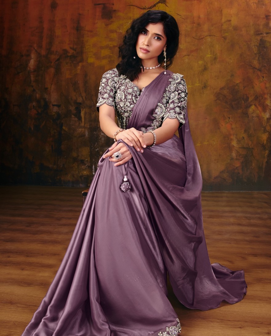 27109 - Lavender Embroidered Wedding Party Designer Saree